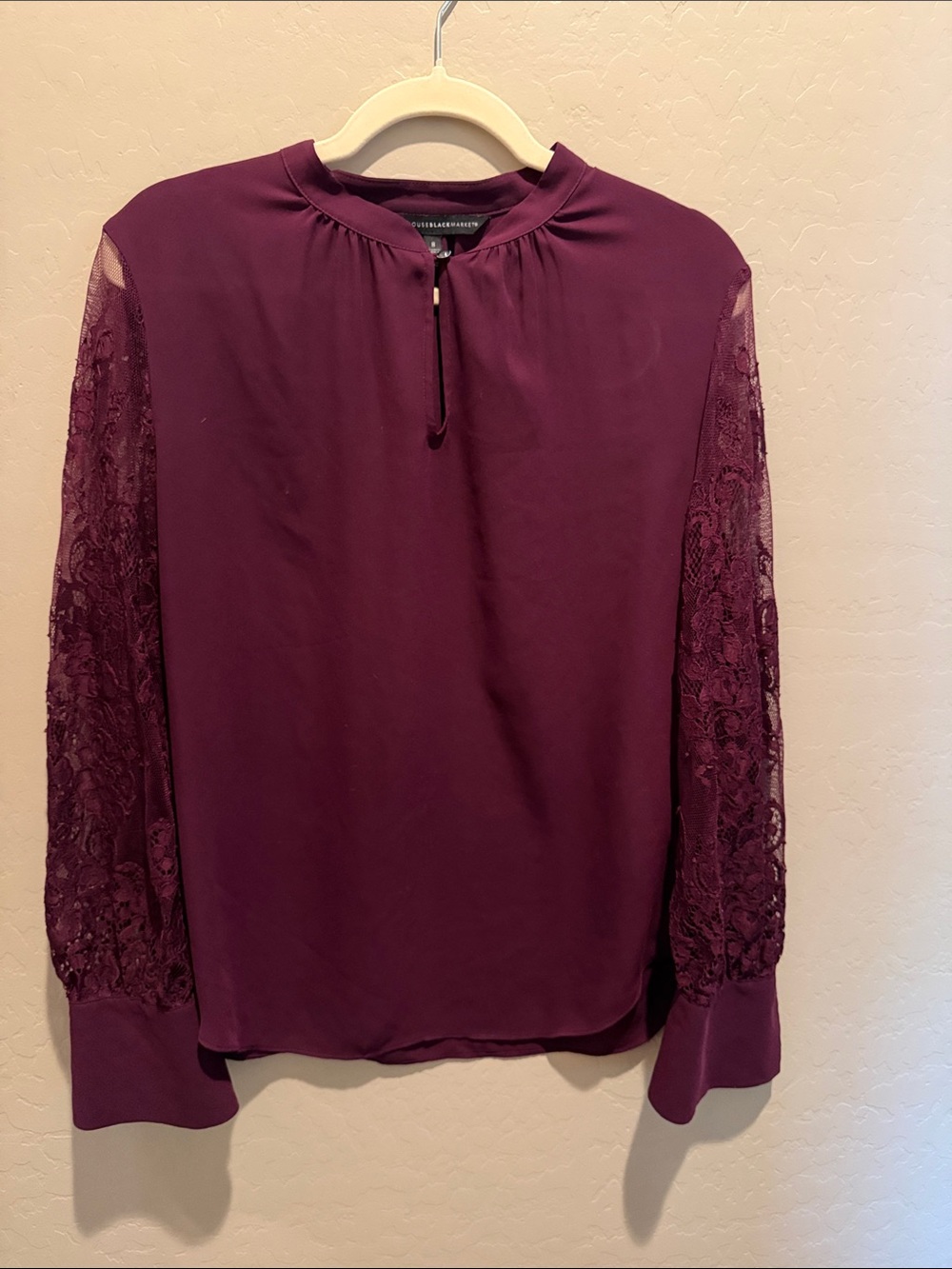 White House Black Market Plum Lace-Sleeve Keyhole Blouse